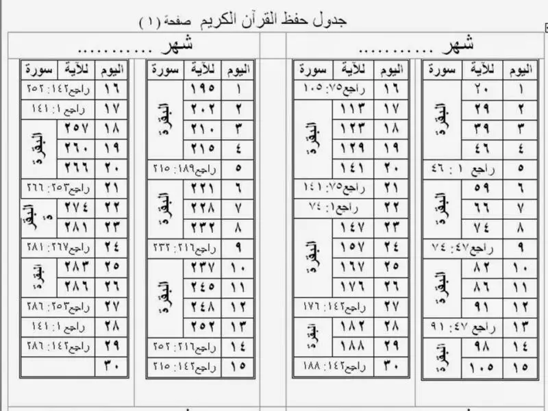 جدول لحفظ القرآن ومراجعته 